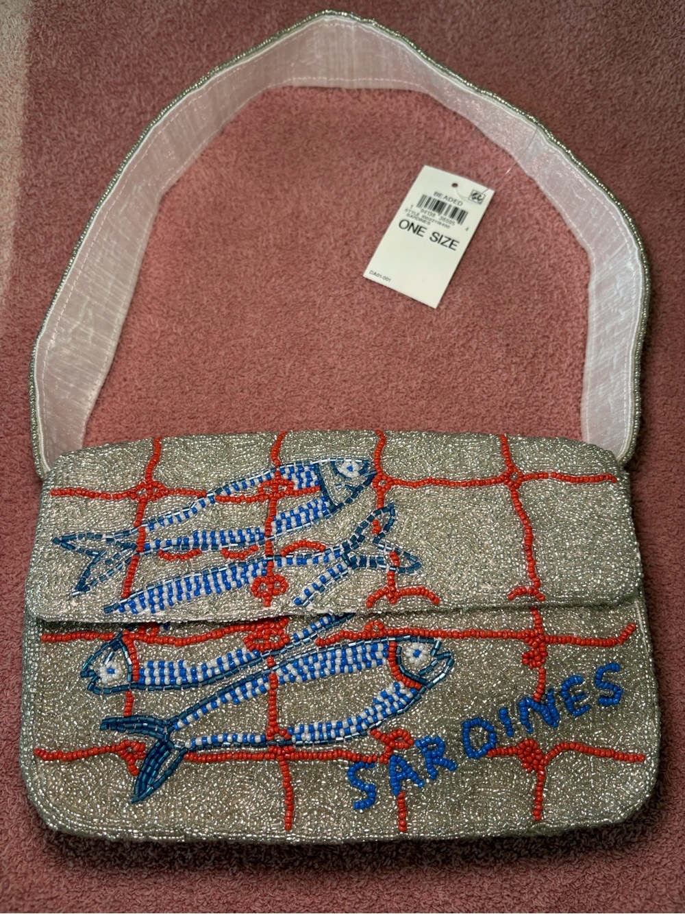 VIRAL/NWT**SARDINES Beaded Silver over the shoulder bag with Colorful Top Detail
